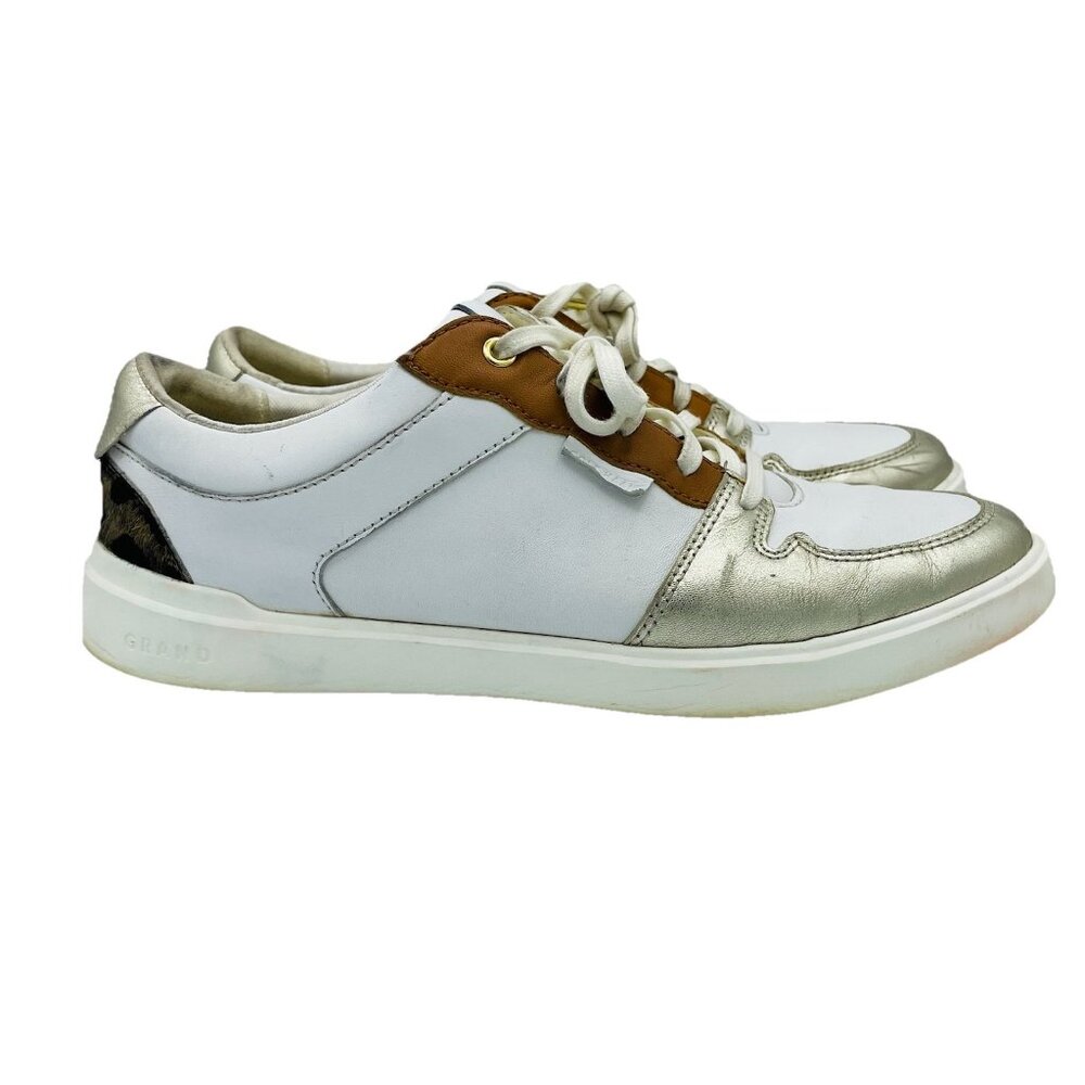Cole Haan Women's Shoes Size 9.5 B White Gold Leopard Print Grand Sneakers Lace